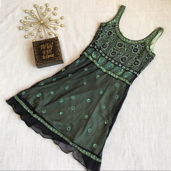 MARINA Dresses & Skirts - Marina sequin beaded green and black silk dress 10